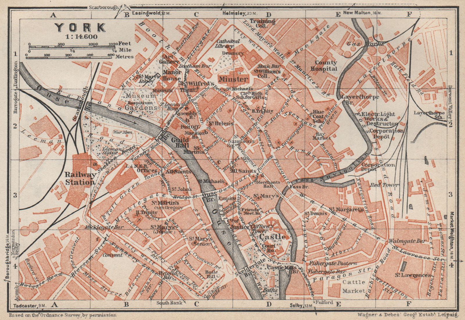 YORK antique town city centre plan. Yorkshire. BAEDEKER 1927 old map